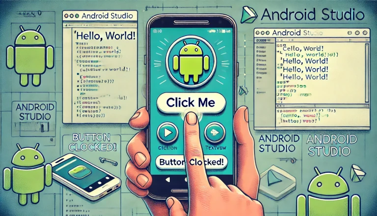 The smartphone screen displays a button labeled "Click Me" and a TextView showing "Hello, World!" A hand is shown pressing the button, causing the text to change to "Button Clicked!" The background includes elements like code snippets and an Android Studio interface, highlighting the development and debugging process.