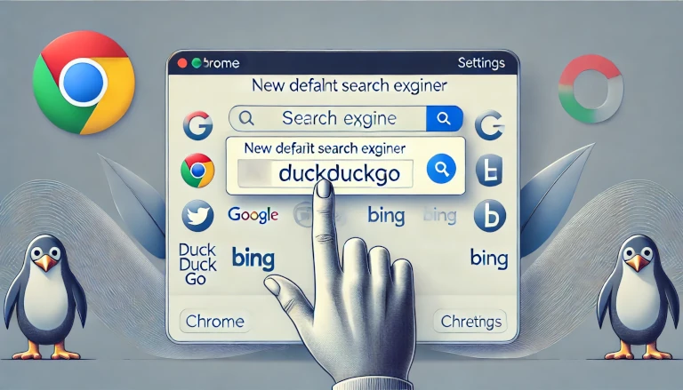Chrome browser settings page, focusing on the "Search engine" section. It highlights a dropdown menu where the user is selecting a new default search engine like DuckDuckGo or Bing, accompanied by icons of popular search engines