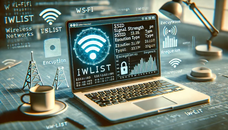 Linux terminal displaying the output of the iwlist command, showing details like SSID, signal strength, encryption types, and frequencies. Surrounding the terminal are icons representing Wi-Fi signals, encryption locks