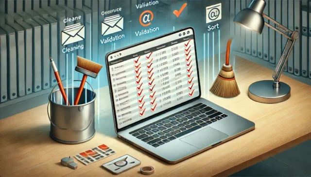 process of creating a unique and sorted email list. It features a laptop screen showing a clean, organized spreadsheet with duplicate entries being highlighted for removal, surrounded by icons for email validation, cleaning, and sorting, set in a modern, tech-savvy workspace.