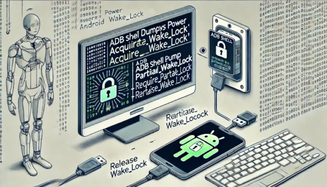 process of acquiring and releasing a wakelock from an Android shell. It features a terminal window displaying ADB commands like acquire_partial_wake_lock and release_partial_wake_lock.