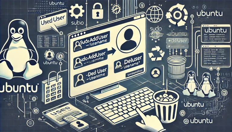 ser management in Ubuntu, featuring a terminal window displaying commands such as sudo adduser and sudo deluser .