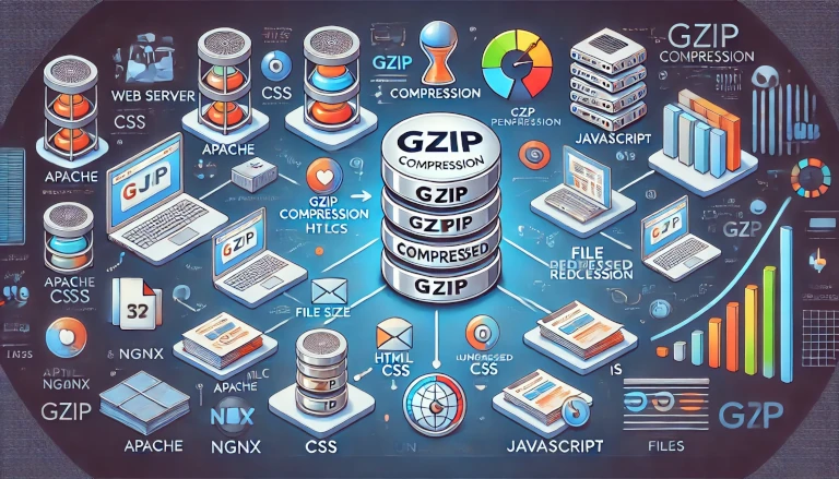 GZIP compression enhancing website performance, showcasing a flowchart where a web server compresses files (HTML, CSS, JavaScript) and sends them to a browser.