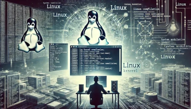 compilation of a Linux kernel, featuring a developer working in a terminal with Linux-related elements in the background