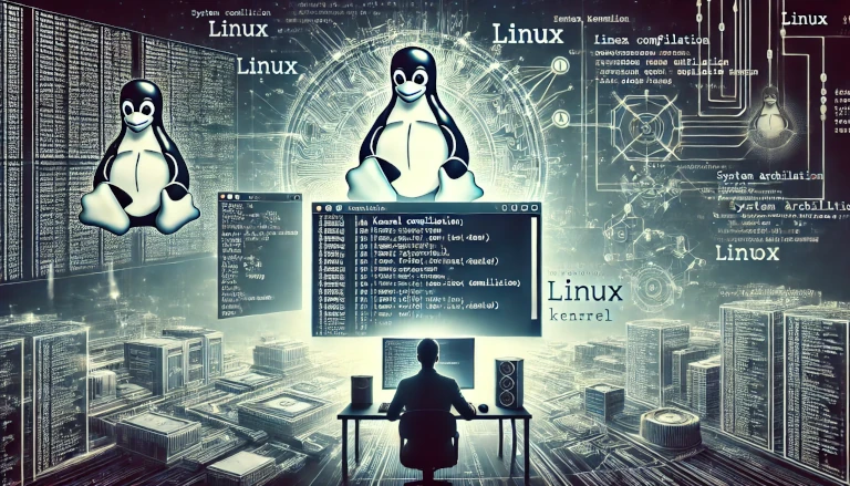 compilation of a Linux kernel, featuring a developer working in a terminal with Linux-related elements in the background