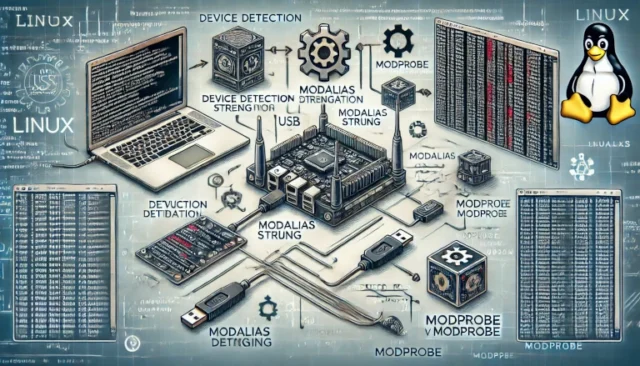 Linux kernel device detection and driver loading using MODALIAS. It features a flowchart starting with a USB device connection, followed by steps such as device detection, MODALIAS string generation, and module loading via modprobe.