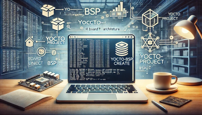creating a new BSP layer using the Yocto-BSP script on a Linux desktop. It features a terminal window running commands such as ./yocto-bsp create with outputs showing generated BSP files and directories.