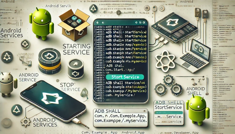 starting and stopping Android services via ADB shell. It features a terminal displaying commands such as adb shell am startservice -n com.example.app/.MyService and adb shell am stopservice -n com.example.app/.MyService