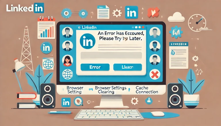 LinkedIn page with the error message "An error has occurred, please try again later"