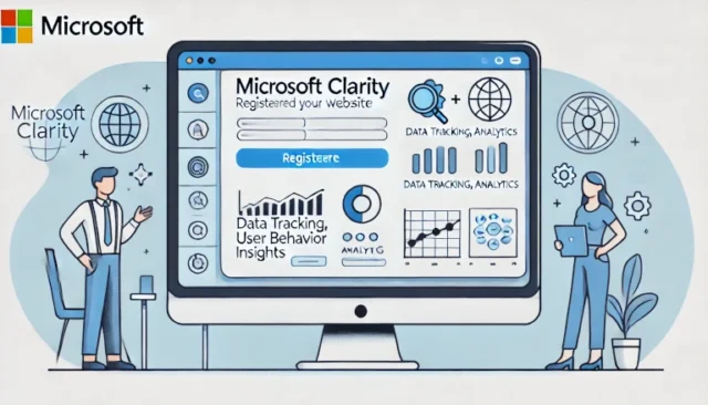 Microsoft Clarity registration process, including elements representing data tracking, analytics, and user behavior insights.