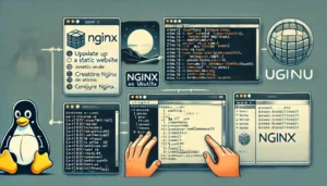 Nginx configuration example for hosting a static website. Command-line instructions for setting up Nginx on Ubuntu. Hosting static website files in the /var/www directory on Ubuntu. Browser preview of a static website served by Nginx on Ubuntu.