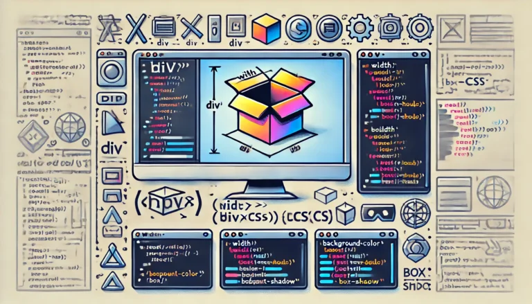 how to create and customize a box using HTML and CSS. The image displays a computer screen with HTML and CSS code for a element, styled with properties like width, height, border, and box-shadow.