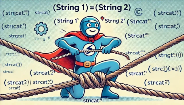 two ropes being tied together to represent string concatenation using strcat().