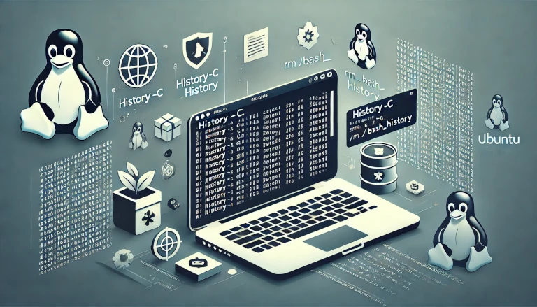 Clear shell history in Ubuntu Linux featuring a terminal window with commands like 'history -c' and 'rm ~/.bash_history