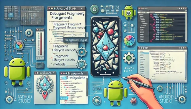 debugging fragments in Android, showcasing Android Studio with fragment lifecycle methods highlighted, a Logcat window displaying logs, and a smartphone mockup with a fragment-based UI