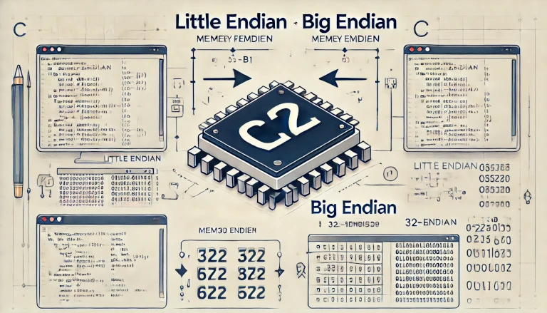 comparing Little Endian and Big Endian memory representation in C programming, showing a 32-bit number's byte order with labeled arrows and a code snippet.
