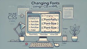 demonstrating changing fonts using inline CSS in HTML. The image shows a basic webpage with styled text, showcasing properties like font-family, font-size, and color, applied to headers and paragraphs.