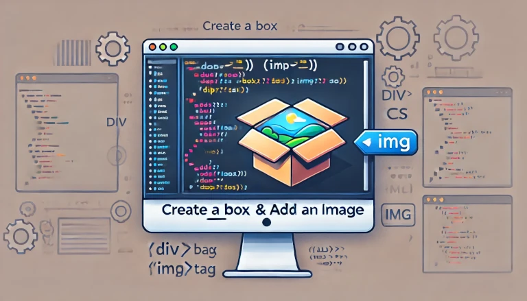 how to create a box and add an image in HTML, with a computer screen displaying HTML and CSS code for a box and tag.