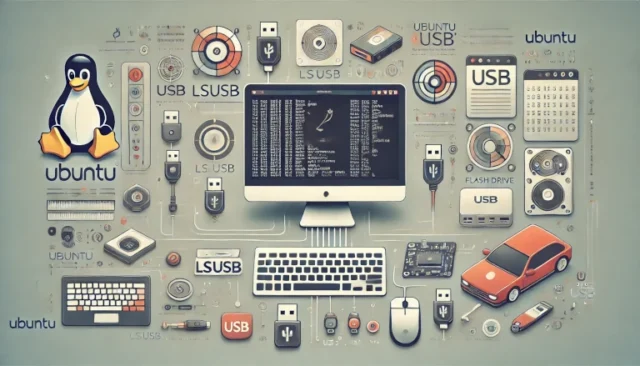 Ubuntu desktop with a terminal window displaying the 'lsusb' command output, surrounded by icons of USB devices like a keyboard, mouse, flash drive, and external hard drive, representing USB management and tools.
