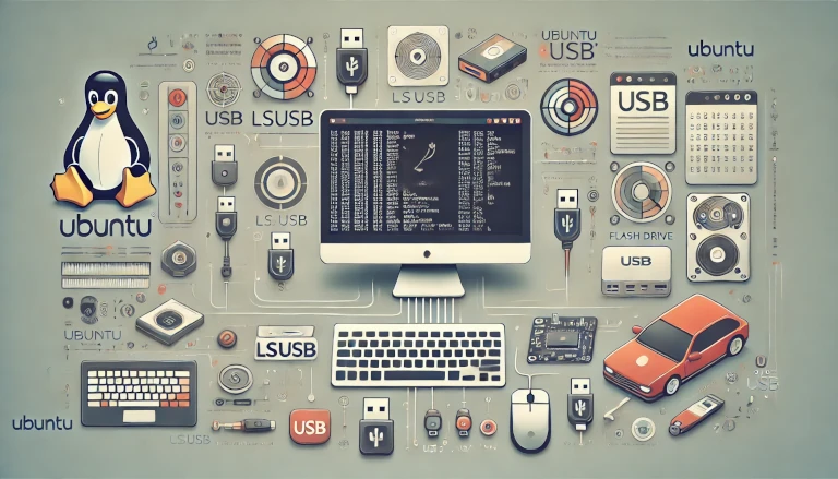 Ubuntu desktop with a terminal window displaying the 'lsusb' command output, surrounded by icons of USB devices like a keyboard, mouse, flash drive, and external hard drive, representing USB management and tools.