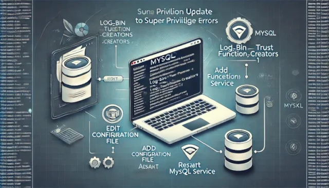 fix SUPER privilege errors, featuring a laptop screen with highlighted configuration settings [mysqld] and log_bin_trust_function_creators=1