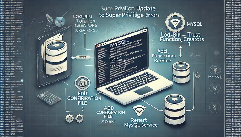 fix SUPER privilege errors, featuring a laptop screen with highlighted configuration settings [mysqld] and log_bin_trust_function_creators=1