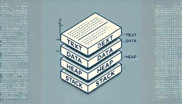 memory layout of a C program, featuring labeled sections for Text, Data, Heap, and Stack segments.