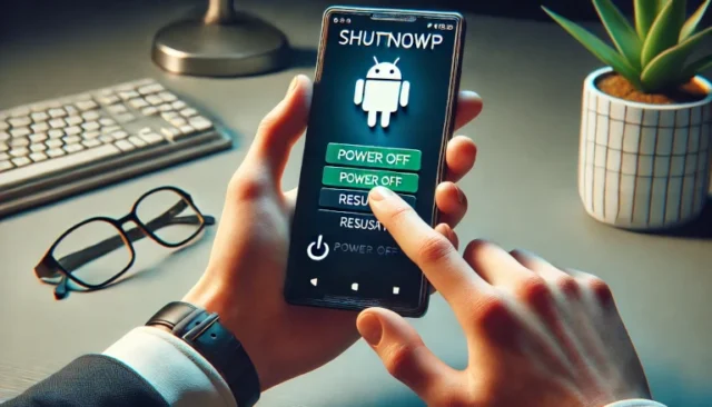 user holding an Android smartphone, interacting with the shutdown menu displayed on the screen. The options such as "Power Off" and "Restart" are clearly visible, illustrating the process of shutting down an Android device in a simple indoor setting.