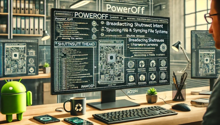 developer analyzing the PowerOff source code in the AOSP framework on a professional workstation, highlighting key code elements like the ShutdownThread class and its role in the Android shutdown process.