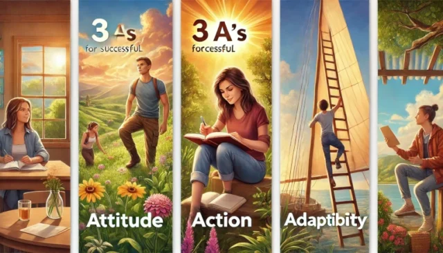 "3 A's for a Positive and Happy Life" with realistic and motivational visuals.