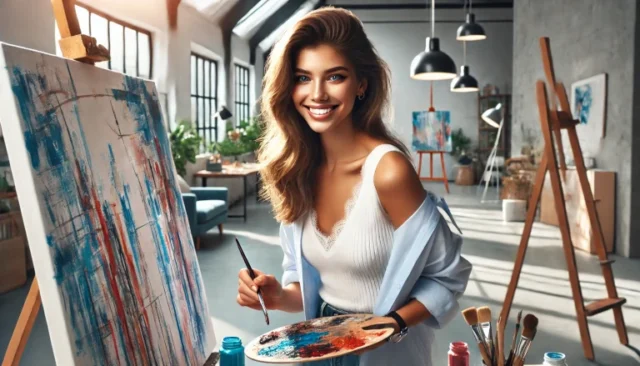 modern, beautiful young woman smiling while painting, symbolizing belief in her passion