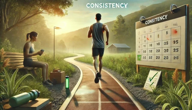 consistency, showcasing a determined individual jogging on a serene morning track.