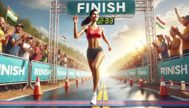 a beautiful runner crossing the finish line, showcasing endurance and the triumph of perseverance.