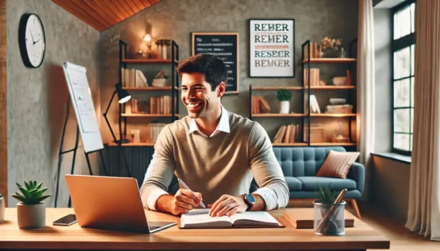 professional attending an online course in a positive, engaging environment, symbolizing growth.