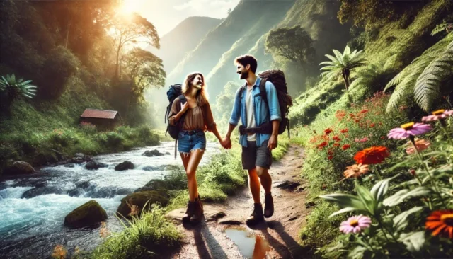 couple exploring a scenic trail, symbolizing their journey of love and happiness.