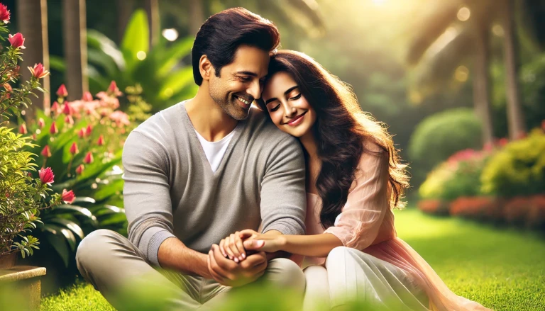 couple deeply in love, sitting in a serene outdoor setting, symbolizing human connection, affection, care, and compassion