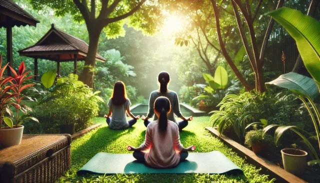 family person meditating outdoors, symbolizing mindfulness, surrounded by serene greenery and natural beauty.