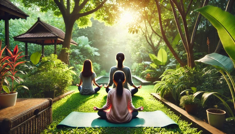 family person meditating outdoors, symbolizing mindfulness, surrounded by serene greenery and natural beauty.