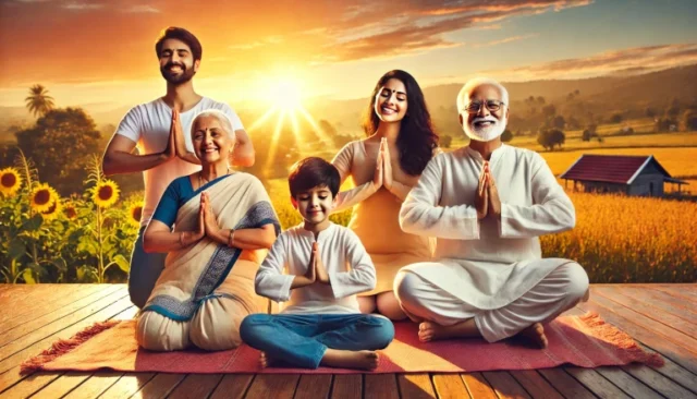 happy Indian family performing yoga and praying outdoors during a bright sunrise, symbolizing optimism and new beginnings.