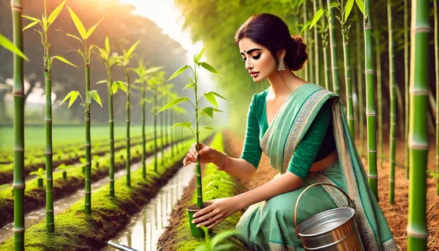 woman nurturing a bamboo plant in her farm, illustrating patience and persistence