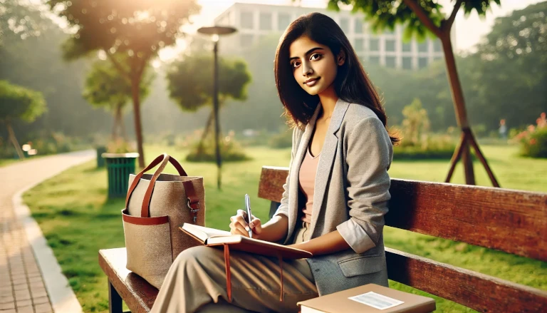 a marketing professional, reflecting on her priorities in a serene park, symbolizing her journey toward self-discovery and renewed purpose.