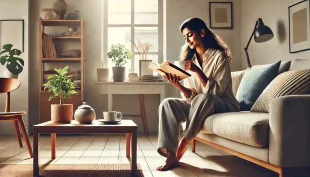 Meera enjoying a peaceful, clutter-free living space, highlighting the beauty of simplicity.