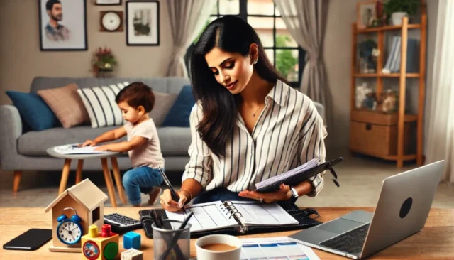 Woman using a planner at her desk while her child plays nearby, symbolizing effective time management.