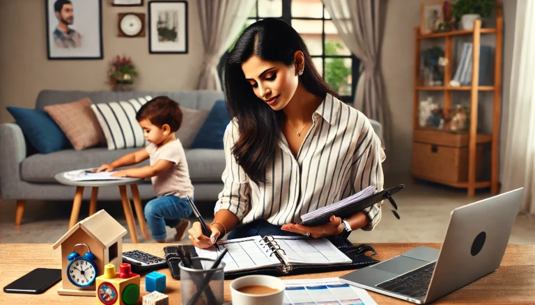 Woman using a planner at her desk while her child plays nearby, symbolizing effective time management.