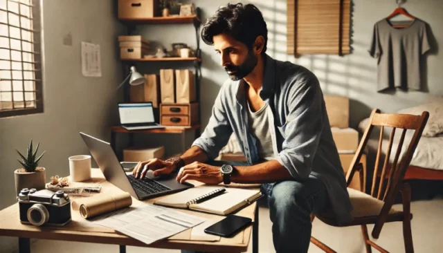 Uday working on his online store at a small desk using simple tools, symbolizing resourcefulness and utilization