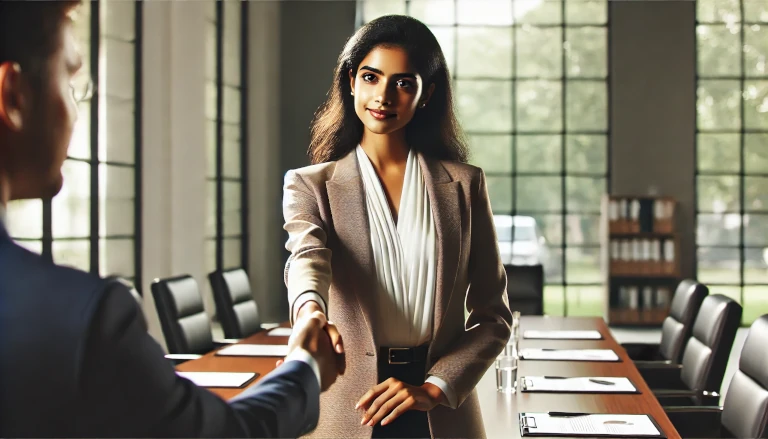 Vandana shaking hands in a professional setting, symbolizing values and integrity.
