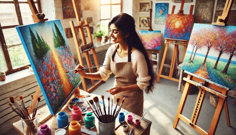 Winnie painting passionately in her studio, representing dedication to meaningful work.