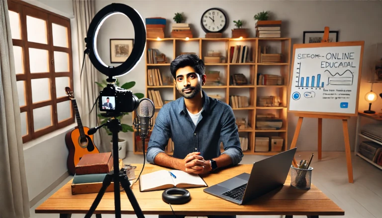 man recording an online educational video in a home studio, symbolizing expansion and reaching new heights.