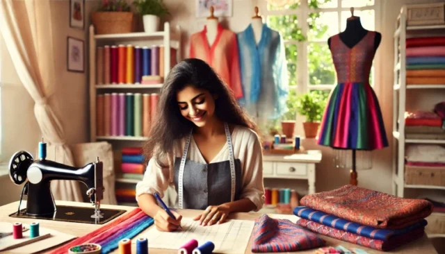 Yamini designing clothes in her cozy home studio, symbolizing the pursuit of her dreams.