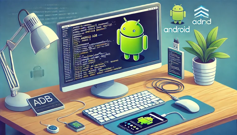 developer's workspace accessing an Android device shell using ADB commands.